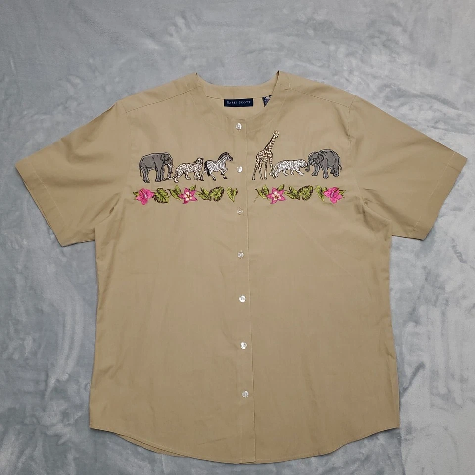 Karen Scott Shirt Women M Brown African Safari Animals Embroidered Cottage Core - Image 1 of 4