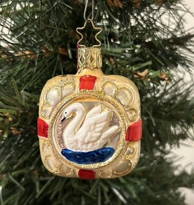 INGE GLAS Germany Glass Square Embossed Swan Pearlized Gold Christmas Ornament - Picture 1 of 7