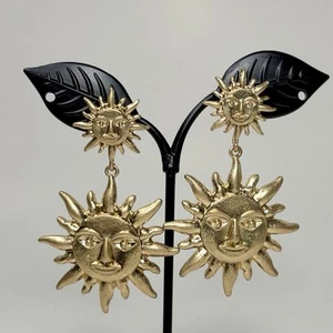 Gold Tone Metal Double Sun Face Celestial Dangle Drop Pierced Earrings 2.25” - Picture 1 of 9