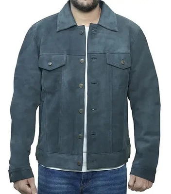 Men's Suede Leather Jacket Trucker Unique Blue Genuine Classic Denim Style Shirt - Image 1 of 4