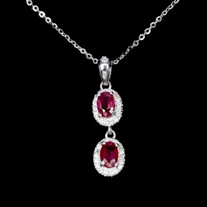 925 Sterling Silver Necklace Oval Ruby 6x4mm White Topaz Gemstone Jewelry - Picture 1 of 13