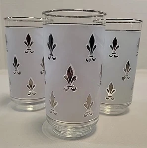 Vintage Libbey tumbler glasses Fleur De Lis Frosted 5 5/8” silver trim set of 3 - Picture 1 of 5