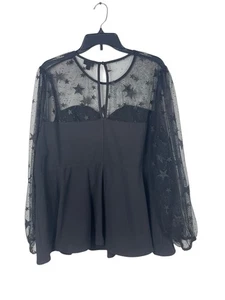 Torrid 3X Black Star Mesh Sweetheart Peplum Blouse Sheer Sleeves Goth Date Night - Bild 1 von 12