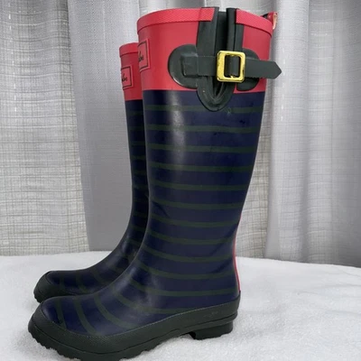 Botas de Lluvia Joules Welly Talla 6 Goma Impermeables Rayas Azul Marino y Verde Rojo Top Foto 1 de 4