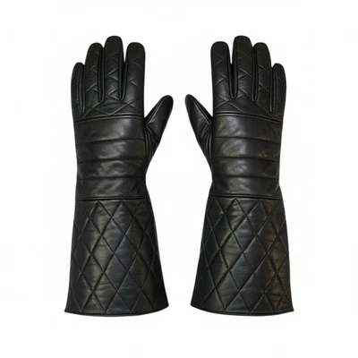 Long Black Leather Gauntlet Gloves – Quilted Design Extended Cuff Fashion Gloves - Image 1 of 3