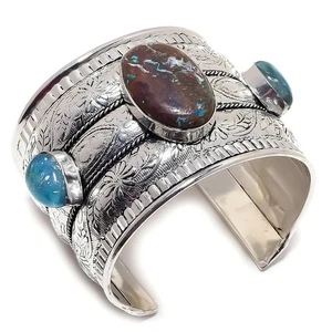 Brazalete de plata esterlina 925 hecho a mano con piedras preciosas de azurit... - Imagen 1 de 5