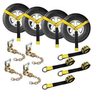 USA 4 Set 2" x 10' Ratchet Wheel Lift Lasso Strap w/ Chain Extension For Towing - Picture 1 of 54
