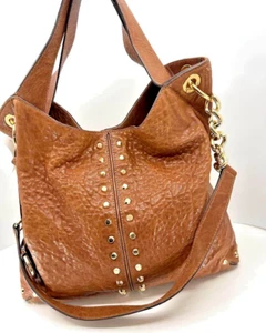 MICHAEL KORS ASTOR STUDDED BROWN LEATHER SHOULDER BAG Hobo Satchel Tote Large - Picture 1 of 8