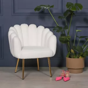 Poltrona occasionale Art Déco ricciolo bianco singhiozzo gambe oro guscio - Foto 1 di 5