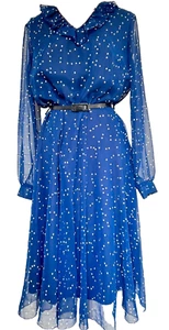 Vintage Tea Dress Navy Blue White Spot Chiffon Lined Fit Modern 10 Small 12 - Picture 1 of 12