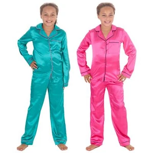 Girls Satin Long Pajamas Kids Long Sleeve Button Pajama Set PJs Nightwear - Picture 1 of 8
