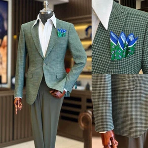 Business Plaid Men Suits Houndstooth Peak Lapel Single Breasted Regualr Fit - Picture 1 of 10