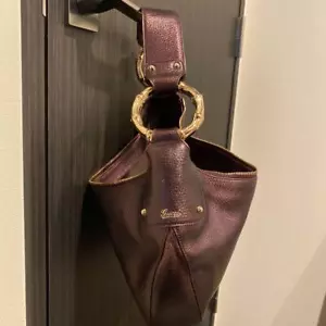 GUCCI Tom Ford GoldBrown Bamboo Leather Burgundy Crescent Hobo Shoulder Bag - Picture 1 of 8