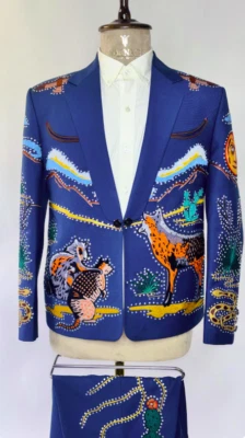 Hombres 2 Piezas Azul Zorro y Ardilla Bordado Nudie Western Vaquero Cóctel Baile de graduación Conjunto Foto 1 de 4