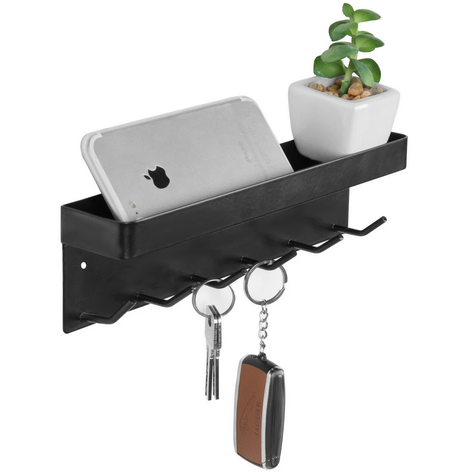MyGift 6-Hook Wall-Mounted Black Metal Key Holder with Top Shelf - Image 1 of 4