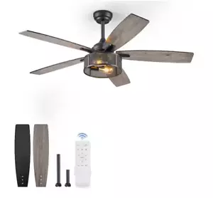 HINNIXY 52" Indoor Black Dual-Finish Blades Downrod caged Ceiling Fan w Light OB - Picture 1 of 6