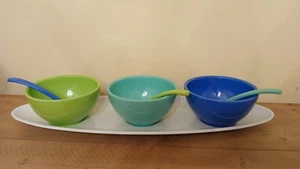 Blue/Green Color 3 Bowl Melamine Condiment/Snack Set With Matching Spoons Salsa? - Picture 1 of 9
