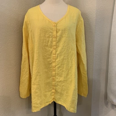 Túnica de lino 100 % lino abotonada amarillo mantequilla para mujer L Lagenlook Boho Foto 1 de 4