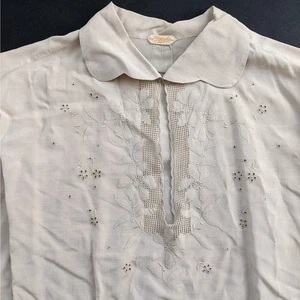 Vintage 60er Jahre? Beige Einstecktuch Baumwolle Bluse Etikett Gr 44 Brustumfang 38" Boho zart  - Bild 1 von 14