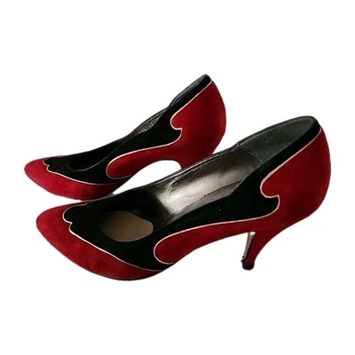 Zapatos de gamuza clásicos Bally vintage para mujer talla 8M rojo negro dorado tacones de 3" ITALIA Foto 1 de 4