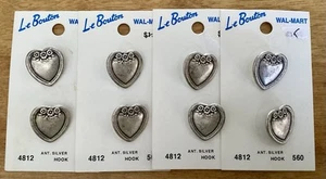 4 VTG Cards of Antique Silver/Pewter Heart Shaped Buttons, 8 Total, NEW, Italy - Picture 1 of 4