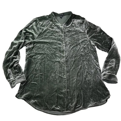 Camisa Eileen Fisher Feminina Grande Veludo Verde Botão Frontal Manga Longa - Imagem 1 de 4