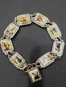 Pewter Portrait 9 Panel Artwork Dancing Partners Charm Link Bracelet 6.75"-7" - Picture 1 of 24
