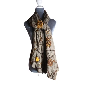 Gray Crinkled Scarf Gold Hermes-Inspired Chain Print 70"x32" Maximalist Indie - Picture 1 of 5