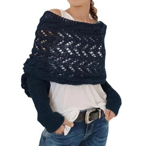 Women's Cable Knitted Wrap Slouchy Oversized Cardigan Sweater Scarf with Sleeves - Picture 1 of 21