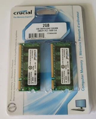 For Crucial 2BG 200Pin DDR2 Sodium Unbuff Memory PC2 6400 CL6 x2 Pack New Sealed - Image 1 of 2