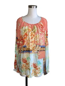 Tolani Collection Puff-Sleeve Blouse Floral Coral Yellow Large - Picture 1 of 11