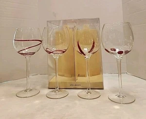4 Pier 1 Imports Red Swirl Drop Balloon Wine Glass 9.25" Goblet Retired Rare Set - Picture 1 of 23