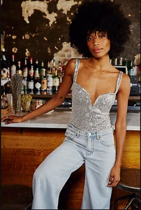 Intimate Free People Funken Fliegen Korsett Body Silber Sequenz Gr. XL Neu mit Etikett - Bild 1 von 7
