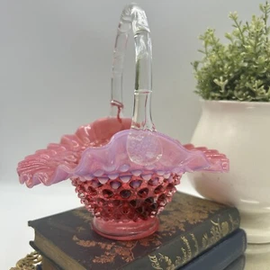 Vintage Pilgrim Art Glass Cranberry Opalescent Hobnail Ruffle Crimped Basket - Picture 1 of 8