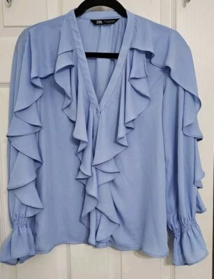 Zara 女式天空蓝色荷叶边衬衫 XS 码 — 第 1/4 张图片