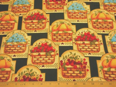 Tela de algodón 1 1/8 yarda bayas peras cerezas en cestas tostadas fruta negra de colección C Foto 1 de 2