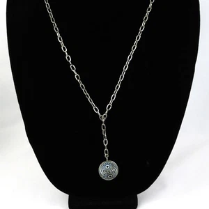 Vintage Celebrity carved ball necklace blue white silver tone flower Y drop - Picture 1 of 6