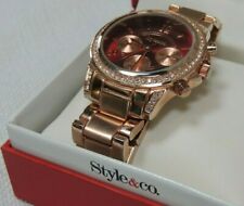 Women's Crystal Bezel Watch Style & Co Rose Gold Tone Red face 6" wrist Battery