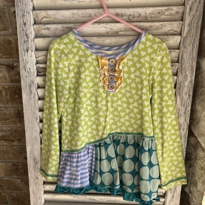 Matilda Jane Green Leaves Blue Polka Dots Long Sleeve Shirt EUC Sz 4. - Image 1 of 4