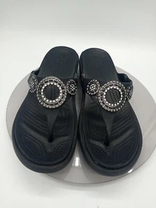 CROCS Sanrah Diamante Women's 6W Black Jeweled Mosaic Design Thong Wedge SANDALS - Picture 1 of 9