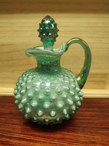 Fenton Green Iridescent Overlay Hobnail Cruet w/Stopper & Foil Label GUC - Picture 1 of 7