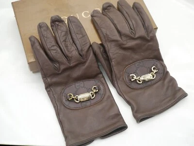 Authentic GUCCI Shima Sima Gloves Brown Leather Gold Chain Size 7 Women's #6066P - Image 1 of 4