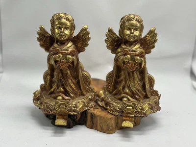 Vintage Gold Gilt Cherub Stocking Holders Pair Cherub Angels With Glitter Harp - Image 1 of 4