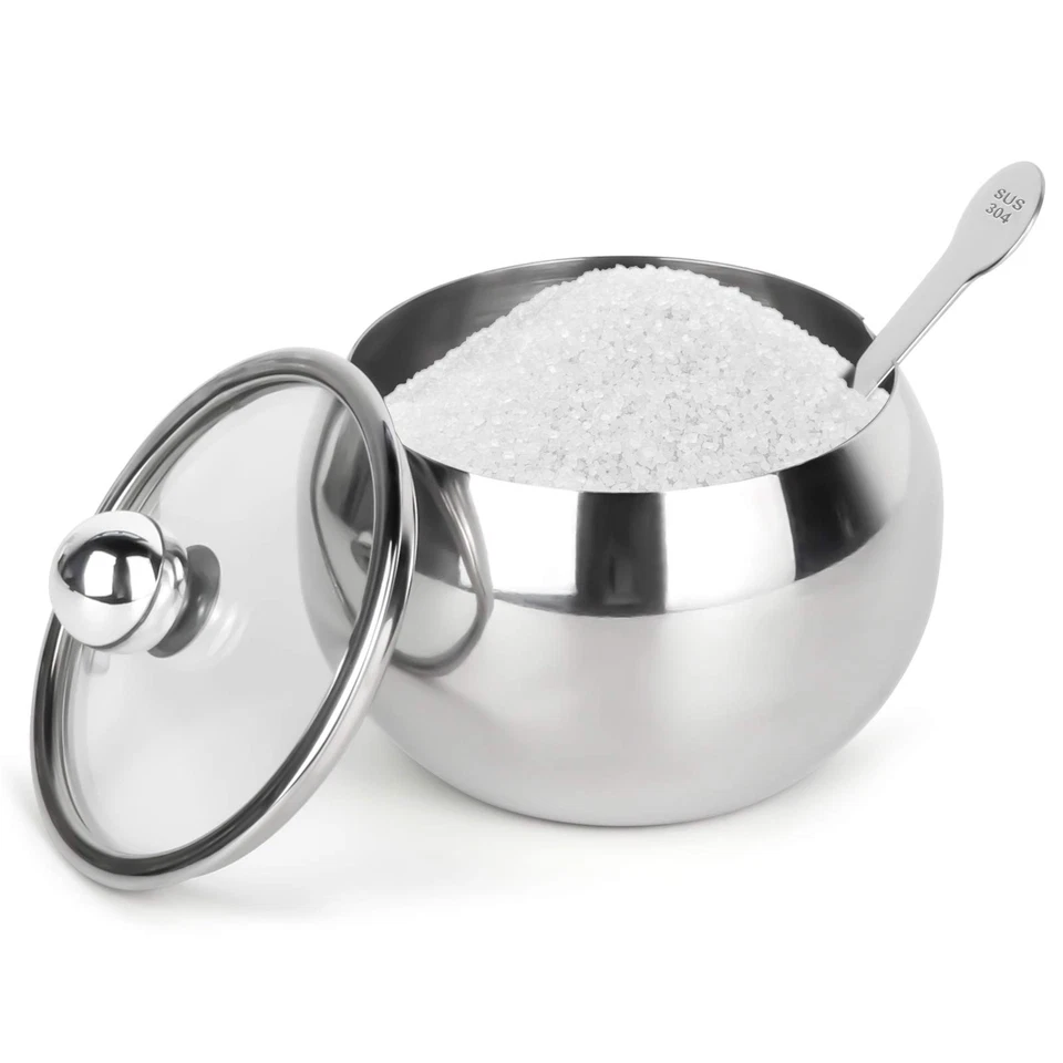 hanmir Stainless Steel Sugar Bowl with Clear Lid and Sugar Spoon 8.1 Ounces24...