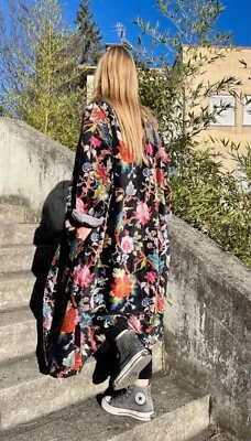 Indian Black Floral Kimono Velvet Kimono Robe Night Gown Bridal Night Kimono US - Image 1 of 4