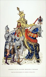 PORTRAIT ÉQUESTRE du ROI CHARLES VII (JEANNE d'ARC) - Gravure couleur 19e - Imagen 1 de 2
