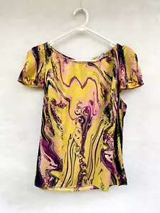 🍁 Womens Lisa Ho 100% Silk Cap Sleeve Abstract Paint Print Blouse Top Size 12 - Picture 1 of 5