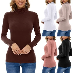 Women's Basic Turtle neck Top Soft Stretch Ribbed Knit Cotton Long Sleeve Shirts - Picture 1 of 28