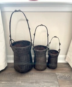 Set of 3 Graduated Nesting Japanese Ikebana Long-Handled Woven Bamboo Baskets - Picture 1 of 16