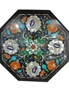 12" Black Marble Table Top Octagonal Coffee Inlay Lapis Fancy Decor Item Center - Picture 1 of 4